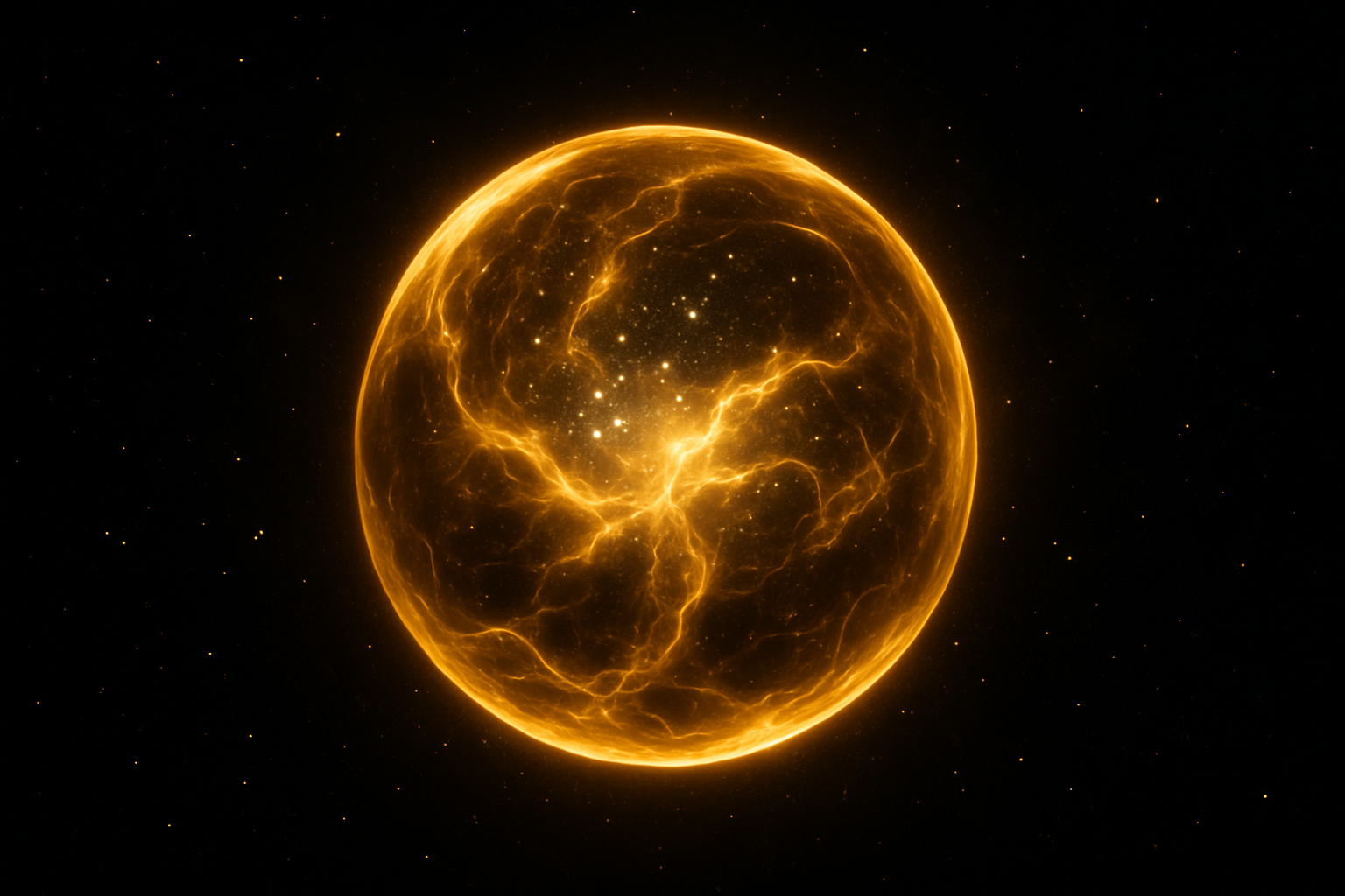“Mystical golden energy sphere floating in deep black space, glowing with white cosmic particles inside, luxurious premium poster style, abstract futuristic design, black + gold + white palette, 4K ultra realistic.”